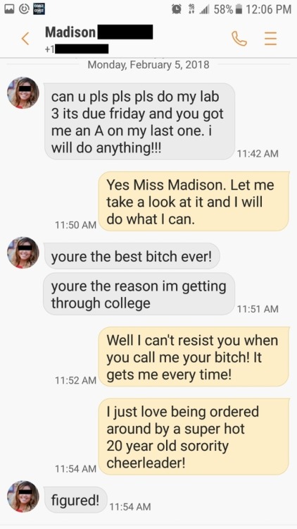 collegecuckold1:  celebrityfemdom: Some things never change I’m back to being Miss Madison’s homework slave. I told her I wasn’t going to do it anymore but I’m too weak to keep resisting her. At least it’s only her now and not 3 girls at once.