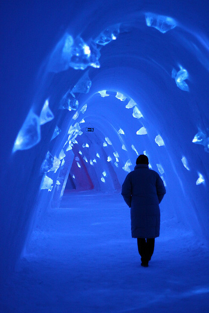 Frozen blue corridor at Levi Ice Hotel, Finland