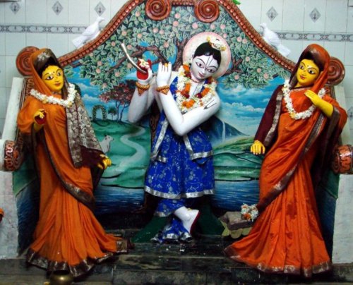 Altar at Sri Tota Gopinatha Temple features Lord Balarama with Revati and Varuni on His left and rig