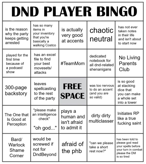 sockablock:Dungeons and Dragons Player Bingo! Presented to you by a very tired DM