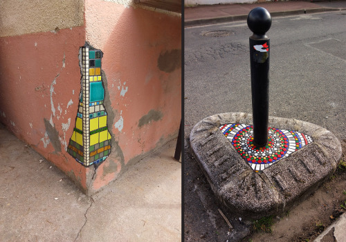 EmEmEmLyon-based artist EmEmEm repairs holes in sidewalks and walls with colorful mosaics. EmEmEm’s 