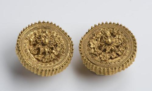 Garment fasteners with pins, decorated with a floral design Greek, 4th century BC Medium: GoldFrom t