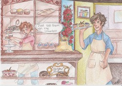 2degreesabovefreezing:  Spamano bakery AU! This was an art trade for edwardsuoh who came up with the idea for this cute universe. This is one of the very few pictures I’ve ever made with a full background so… yay. 