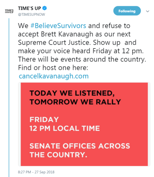 “We #BelieveSurvivors and refuse to accept Brett Kavanaugh as our next Supreme Court Justice. Show u