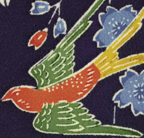 A chirimen (crepe) silk kimono with bingata technique: sakura (cherry blossoms), iris, and birds. Mi