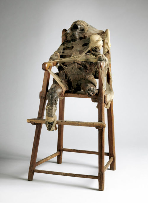  Bruce Conner, ‘CHILD,’ 1959, Wax, nylon, cloth, metal, twine, and high chair. 34 5/8 x 17 x 16 &fra