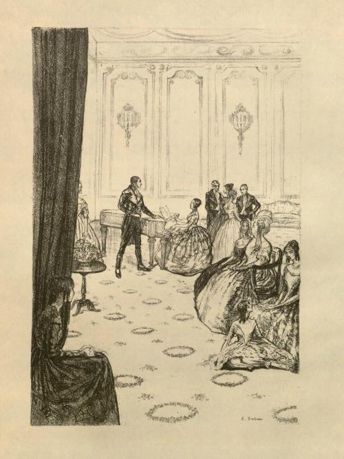 Jane Eyre watches on as Mr. Rochester and his guests mingle, lithograph by Ethel Gabain, featured in