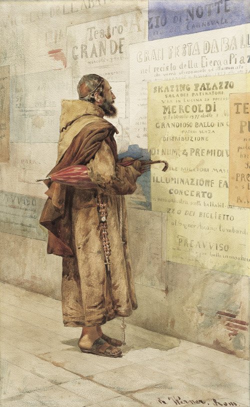   Rinaldo Werner (1842-1922) - Monk in the Vicolo Abate in Rome studying the posters