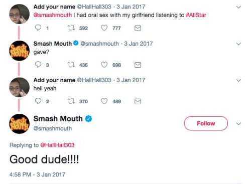 crazyintheeast:  princecamellia:  ruinedchildhood:  dailytweets:  What’s happening on Twitter? 😂   https://twitter.com/smashmouth/status/992478669435060224?s=19   There is a reason they are called Smash Mouth  In this house we respect Smash Mouth