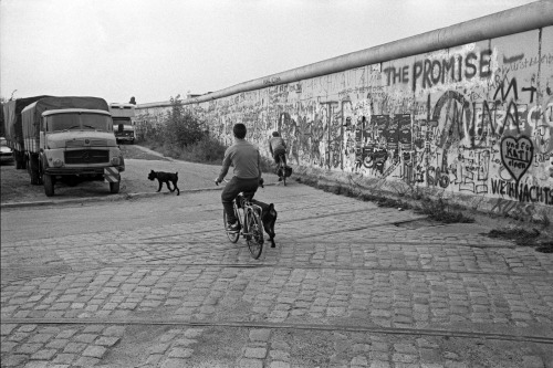 Berlin Stresemannstrasse 1986. Mercedes L Series Trucks parked next to the Berlin Wall. These trucks