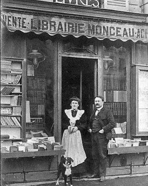 Librairie Monceau bookshop front with owners standing outside, Paris c1900s. #vintage #history #vict