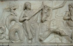 lionofchaeronea:  Doris, minor sea goddess and mother of Amphitrite, rides a hippocamp and carries two torches to light the wedding procession for her daughter and Poseidon/Neptune.  From the “Altar of Domitius Ahenobarbus,” late 2nd cent. BCE, found