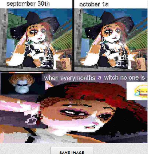 heavily compressed 3 panel comic meme. 1: bunlith smoking a joint tired titled 'september 30th'. 2: same image but titled 'october 1st' 3: bunlith looking very tired with a picture of syndrome from the incredibles in the top left corner with text saying 'when everymonths a witch no one is'