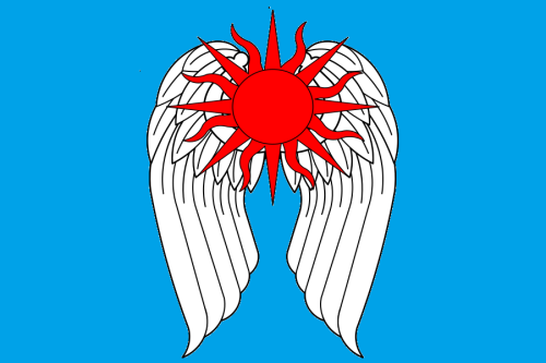 Flag for a space colony on Combined the wings with the sun to symbolize the namesake myth; the blue 