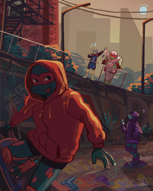 [id: an illustration of the mad dogs from rise of the teenage mutant ninja turtles. they're at a skateboard park around sunset. mikey is already doing tricks in the foreground, while donnie looks up from his phone and onto the others. both leo and raph are by the railing looking down at them. leo is holding a plastic bag full of food up and calling for mikey's attention, while raph simply leans onto the railing and watches happily. end id.]