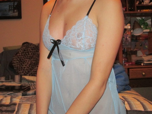 insanepurplecat:  The babydoll that skinned-knees-and-stained-jeans bought me. Lol you can see my nipples through it. 