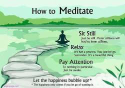 libertesedosistema:  Como Meditar: Fique Parado: Apenas fique parado, quietude externa leva até a quietude interna. Relaxe: Não é um processo. Você apenas abandona tudo. Se rende. É algo lindo. Preste Atenção: Nada em particular, apenas esteja