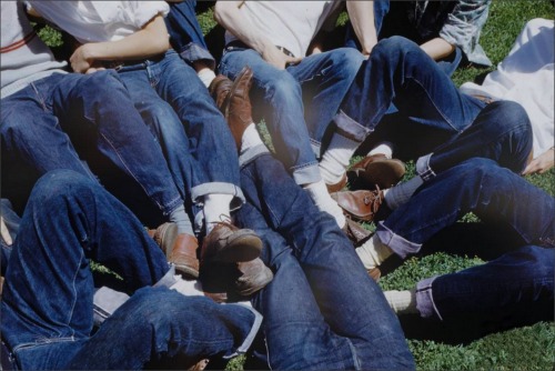 1950sunlimited:Teen boys wearing accustomed style of jeans and loafers, 1950