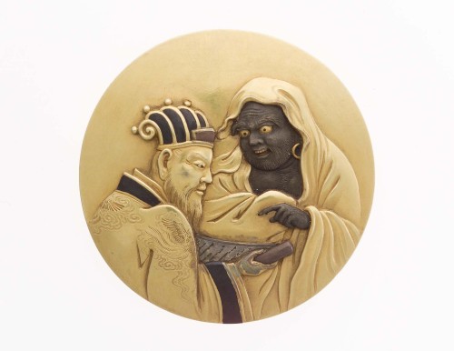 eastiseverywhere: virtual-artifacts: Kagami netsuke plate with design of Buddha and Confucius Japane