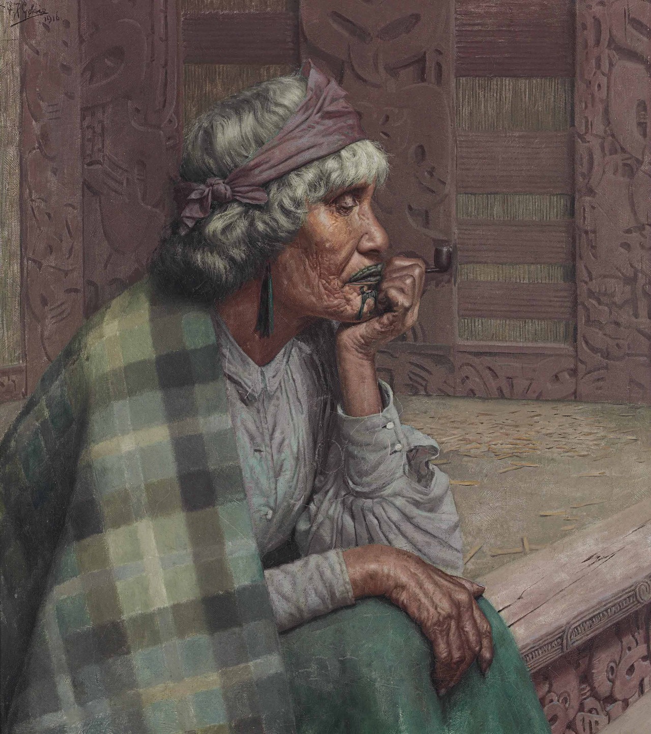 Charles Frederick Goldie (1870-1949) - Reverie, Ena te Papatahi, a Ngapuhi chieftainess (Ina te Papatahi, Ngapuhi)
Oil on canvas. Painted in 1916.
18 x 16 inches, 45.7 x 40.7 cm. Estimate: £200,000-300,000.
Sold Christie’s, London, 24 Sept 2015 for...