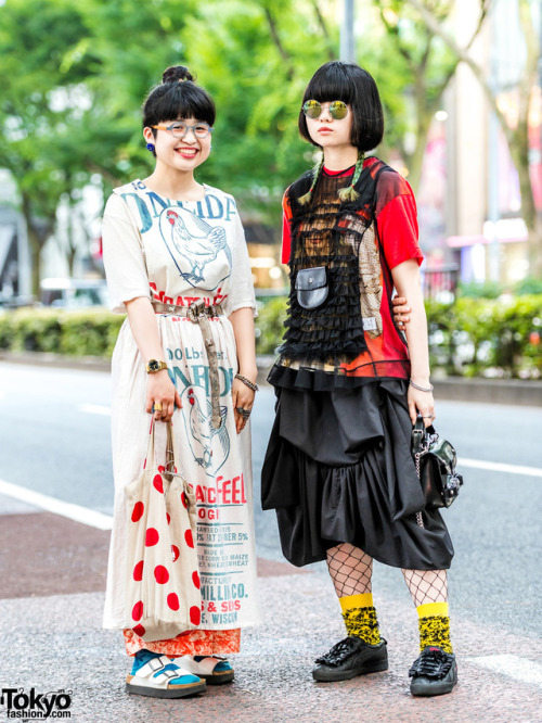 Hyaku and Tari on the street in Harajuku wearing a mix of vintage and new items including fashion fr