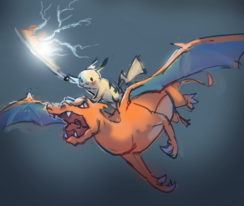 scoutrage:  a facebook friend requested “pikachu riding charazard holding a katana with lighting and fire coming out of it  “