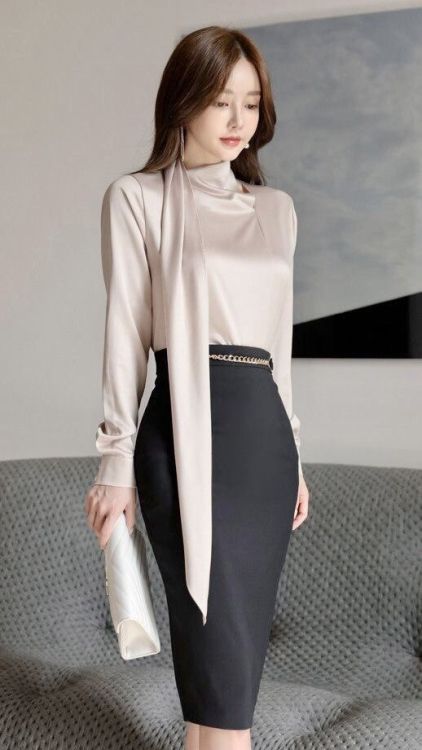 Pencil skirt with super stylish scarf top blouse - delicious