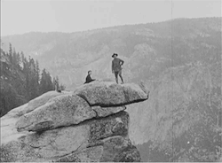 todaysdocument:  These intrepid travelers are clearly excited about #Yosemite150 as they wave from Yosemite’s Hanging Rock. Excerpted from the education film “Yosemite Valley&ldquo; from the Ford Historical Film Collection and recently digitally