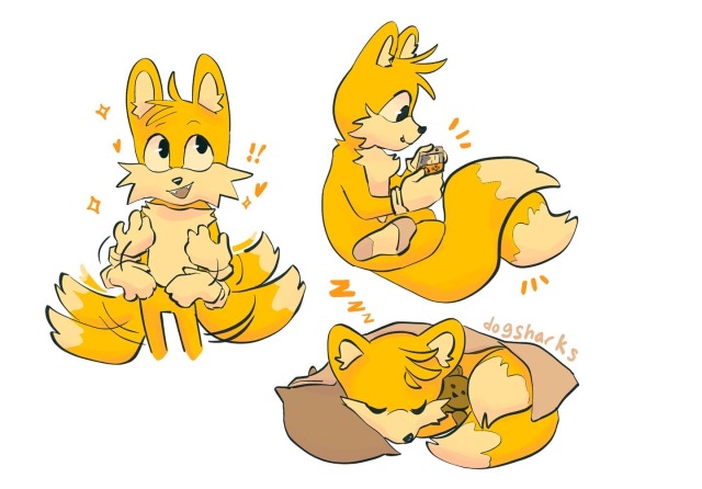 yellow/orange monocolor doodles of three different Tails the Fox. In the first he’s drawn from the knees up and stimming by wagging his tails and flapping his hands. He has an opened mouthed smile and if looking off slightly like he’s talking about something he likes. The second Tails is facing right, legs crossed, and concentrating deeply on his Nintendo switch, with his tails crossed in front of him. The last Tails is curled in a ball under a blanket, eyes closed, with a teddy bear tucked under one arm and head resting on a pillow. 