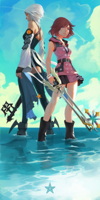 nikusenpai:  Aqua and KairiWater and OceanThey may be worlds apart, but they share the same sky. one sky, one destiny.Personal Painting - done in PhotoshopStreamed Live on Twitch.tv/Niku_Senpai