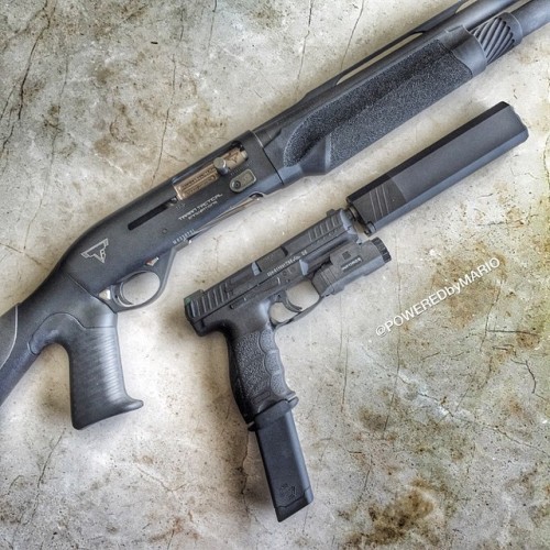 gunsdaily:By @poweredbymario TTI Benelli M2 and a VP9 with Osprey 9 and 30 round mag + light.