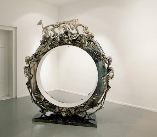 thefabulousweirdtrotters:  John Breed - ”God’s Intention” Mirrored Polished Stainless Steel, Silverplated Animal Skeletons, Wooden Construction 260 cm x 240 cm x 90cm 