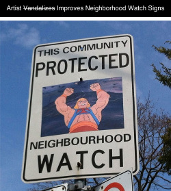 tastefullyoffensive:  Since 2012 Canadian artist Andrew Lamb has been adding pop culture characters to Neighborhood Watch Signs around Toronto. 