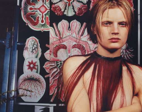 Guinevere Van Seenus wearing ostrich hair neck-brace by Ann Demeulemeester spring—summer 2001.