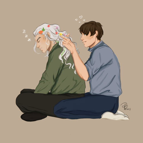 polarisss: Jaskier giving geralts hair some TLC