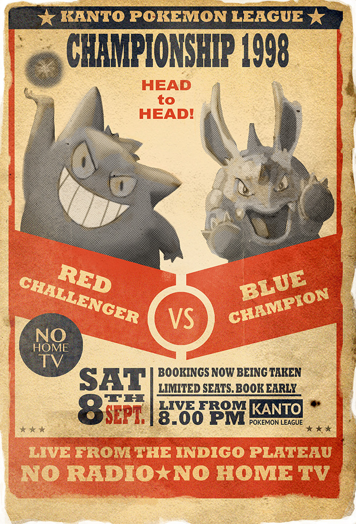 alternativepokemonart:  Vintage boxing-style poster of Pokemon Red &amp; Blue