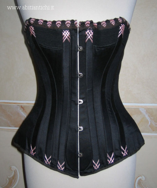 Black silk satin corset with pink flossing1890sWaist: 51 cm (20 inches)