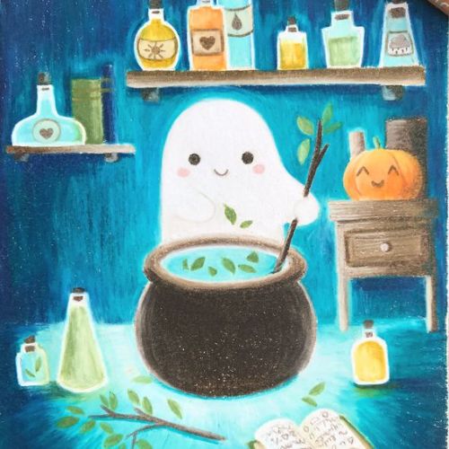 itsajayphoenix:horrorandhalloween: by Laure S Cute ghosty witch