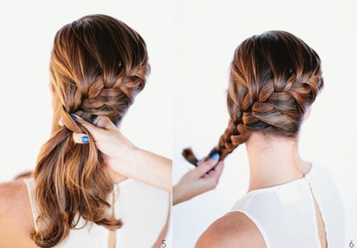 fuckyeahweddingideas:  Waterfall Braid Bun Tutorial via OnceWed 1. Part hair. 2. Grab a small section of hair. 3. & 4. Split into 3 parts. 5. Start French braiding, making sure to braid diagonally across the head. 6. Secure braid with a hair tie.