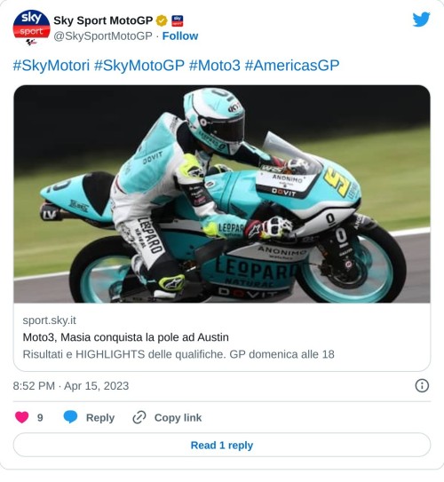 #SkyMotori #SkyMotoGP #Moto3 #AmericasGPhttps://t.co/oFiMn4jFAu  — Sky Sport MotoGP (@SkySportMotoGP) April 15, 2023