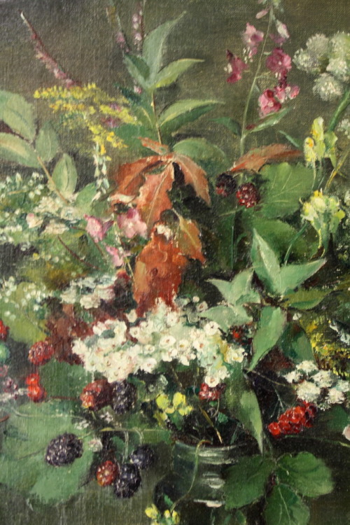 Wild flowers and blackberries in a glass jar   -  Ina Hooft Dutch,  1894-1994oil on canvas, 55 x 44 