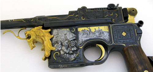 weaponpornography:  German Custom Mauser C96 “Broomhandle” Pistol cal. 9mm Engraved & Sculpted  Produced - 1896