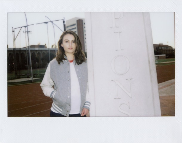 americanapparel:  Elena wearing the Unisex Wool Club Jacket With Leather Sleeves,