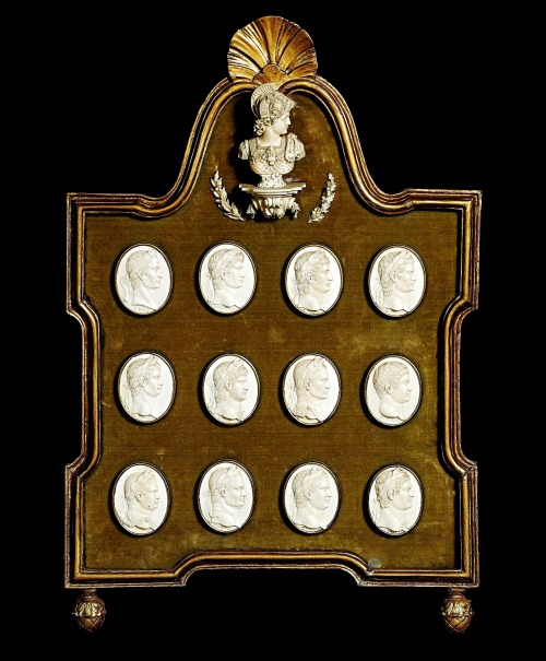 thetwelvecaesars: hadrian6: A FRAMED COMPOSITION OF TWELVE FINELY CARVED IVORY MEDALLIONS OF ROMAN E