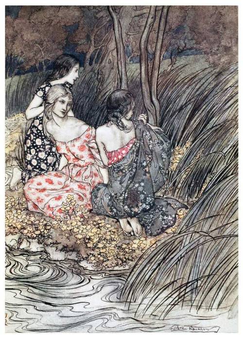 The flowery-kirtl’d naiades.  Color process illustration by Arthur Rackham for John Milton’s book, C