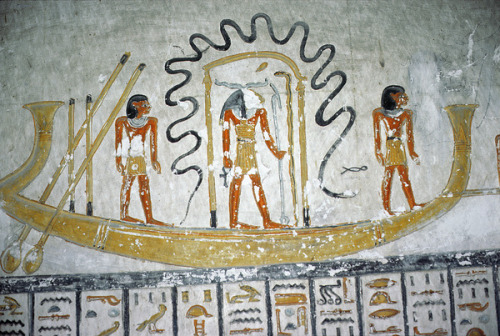 Scene from the Book of Gates, the Barque of Amun-Ra being towed through the underworld, vanquishing 