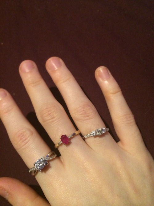 Left to right: the diamond ring Seb got me for Christmas. The ruby and diamond ring my mum bought me