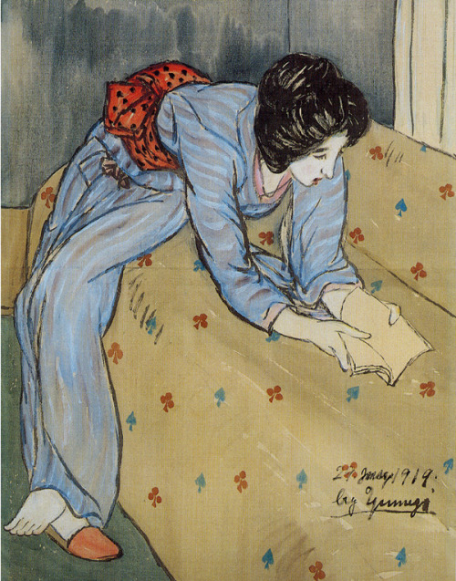 taishou-kun:  Takehisa Yumeji 竹久夢二 (1884-1934) Sofa de hon o miru onna ソファーで本を見る女 (Woman reading a 
