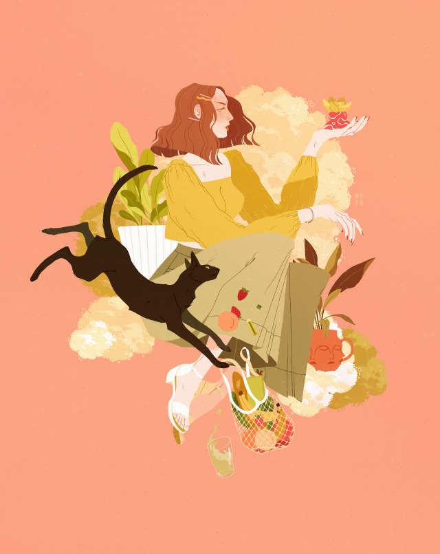 Just a self portrait with my cat Seti and a few of my favorite things like plants and matcha. Find prints and more.