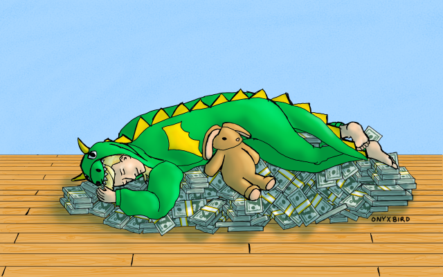 Drawing of Parker from Leverage (a young, blond woman) wearing green dragon kigarumi pajamas and sleeping on a pile of cash, with her stuffed bunny next to her.